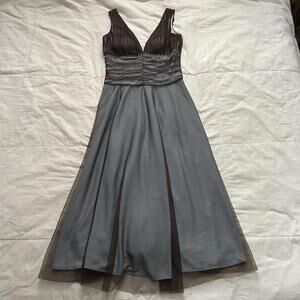 Y2K Brown mesh overlay baby blue midi dress with beading and ruching Size 6